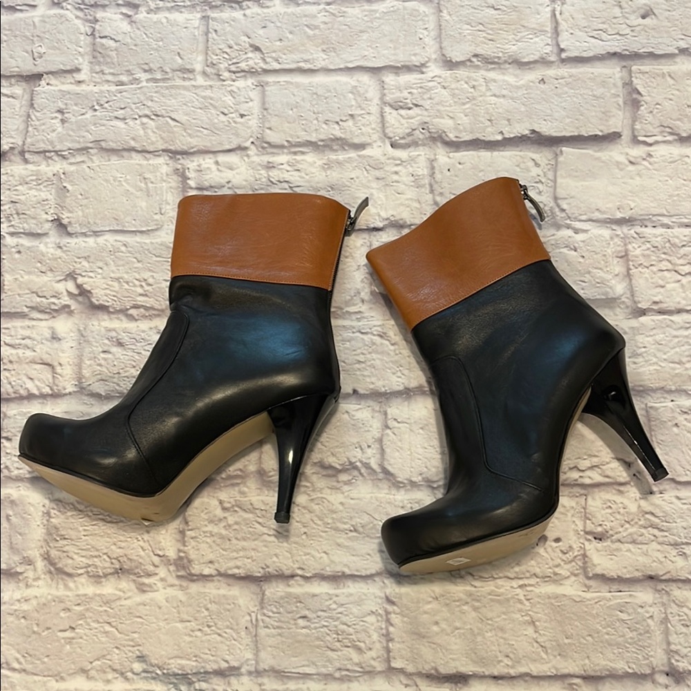 Rockwell Tharp Black and Tan Leather Stiletto Boots
